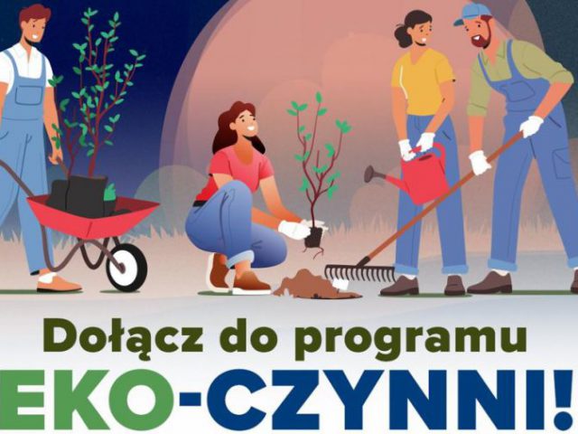 Banner programu z napisem dołącz do programu eko-czynni. Na obrazku animowane postacie sadzące drzewa