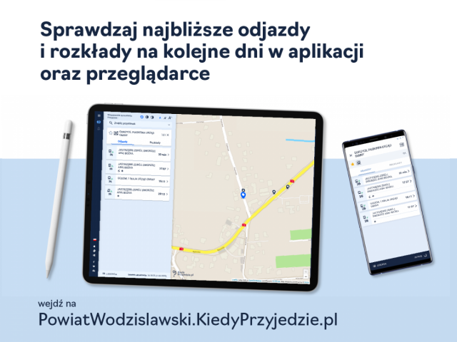 Grafika promująca aplikację kiedyprzyjedzie w Wodzisławskiej komunikacji powiatowej