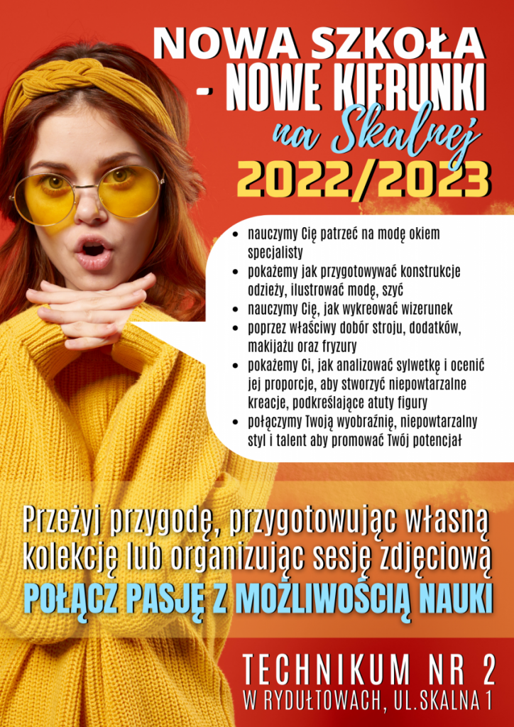 plakat z ofertą nowego technikum na Skalnej w Rydułtowach