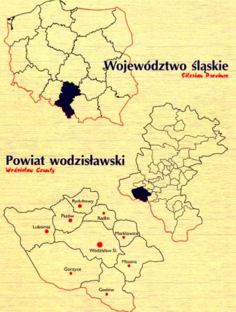 Grafika przedstawiająca położenie powiatu wodzisławskiego w układzie geograficznym kraju, województwa i regionu
