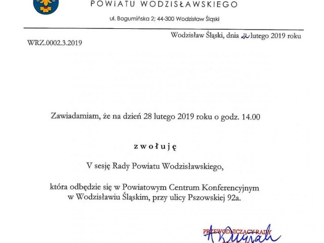 zawiadomienie o sesji Rady Powiatu Wodzisławskiego