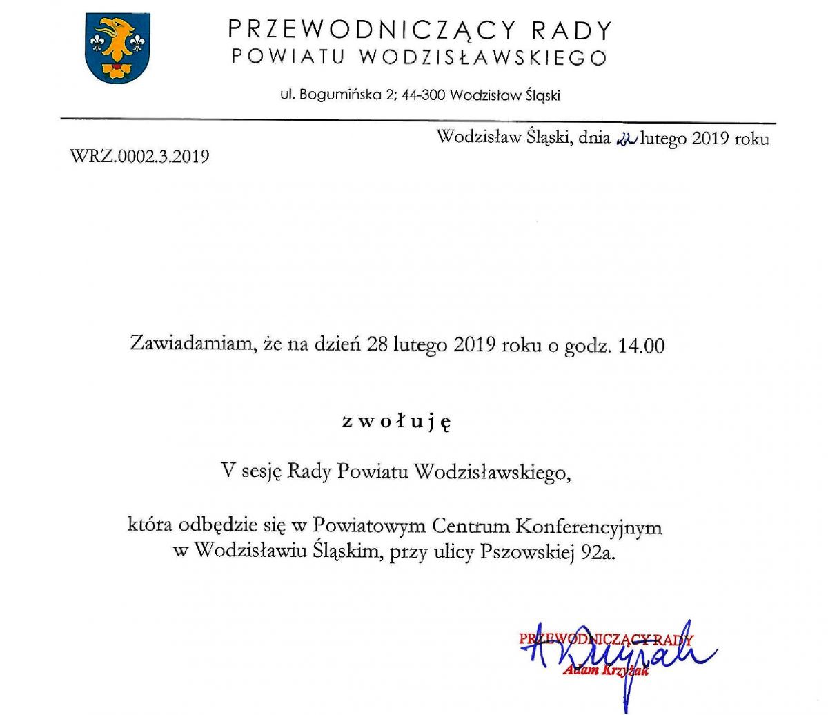 zawiadomienie o sesji Rady Powiatu Wodzisławskiego