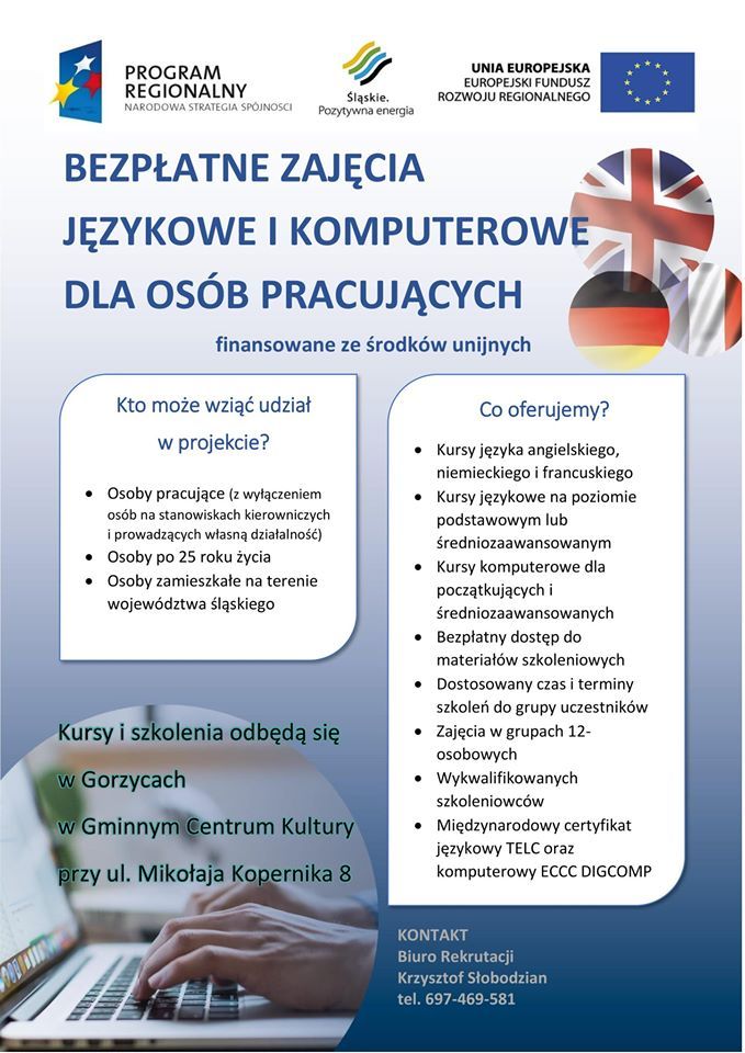 plakat bezpłatne zajęcia językowe i komputerowe dla osób pracujących