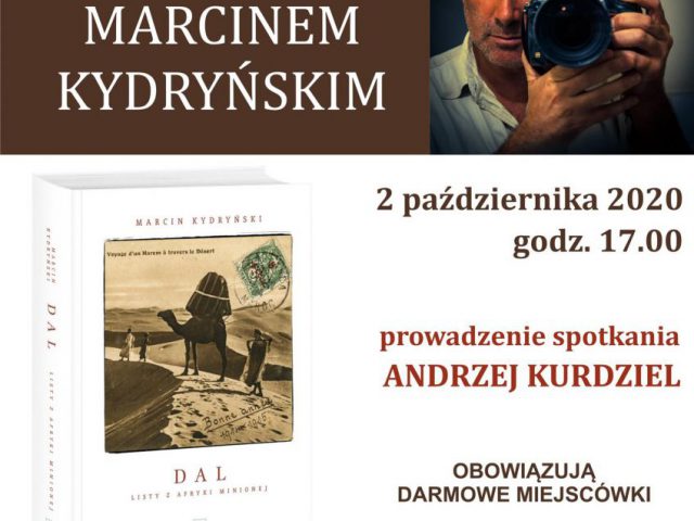 Plakat - spotkanie z Marcinem Kydryńskim w bibliotece 2.10.2020 r.