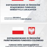 tablica informacyjna o inwestycji na ul. Traugutta, podwójna, zawirająca informacje o dofinansowaniu ze środków budżetu państwa oraz elementy graficzne: godło i flagę Polski