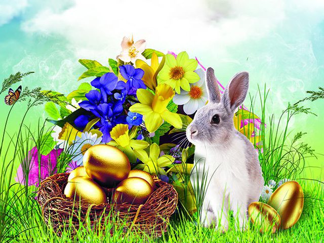 Obrazek świąteczny z króliczkiem i koszyczkiem z jajkami