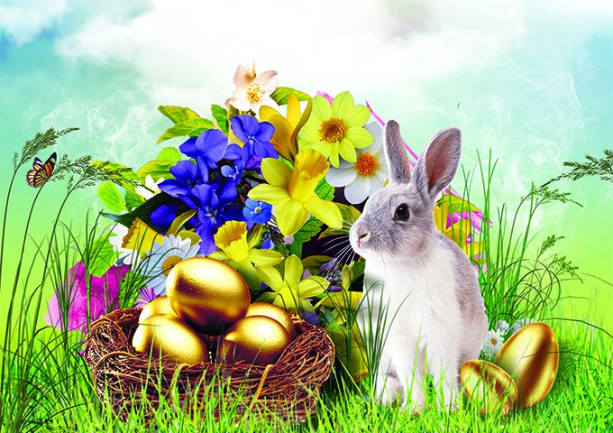 Obrazek świąteczny z króliczkiem i koszyczkiem z jajkami