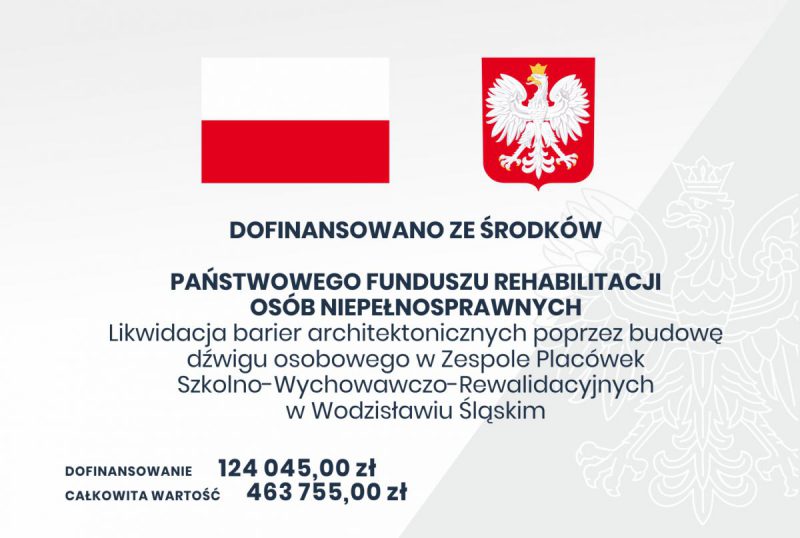 Tablica informacyjna dla projektu dot. budowy dżwigu osobowego w ZPSWR Wodzisław Śl.