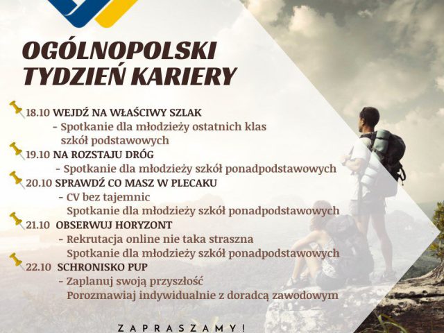 Plakat promujący Ogólnopolski Tydzień Kariery w PUP Wodzisław Śl.; na zdjęciu młodzi ludzie wspinający się w górach, treść plakatu - opis alternatywny w treści posta