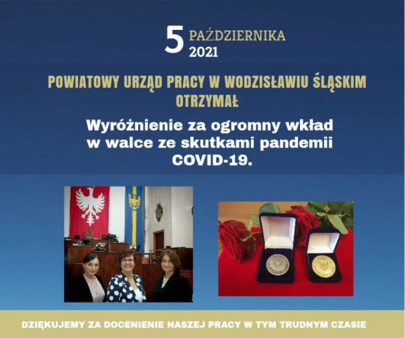 Grafika przygotowana przez PUP Wodzisław Śl. z okazji otrzymania przez pracowników odznak za zasługi da województwa śląskiego. Grafika Zawiera zdjęcia 3 nagrodoznych osób, zdjęcie medali oraz opis okoliczności, za które przyznano odznaki wraz z datą 5.10.2021