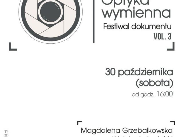 PLAKAT - festiwal dokumentu "Optyka wymienna", tekst i grafika na białym tle