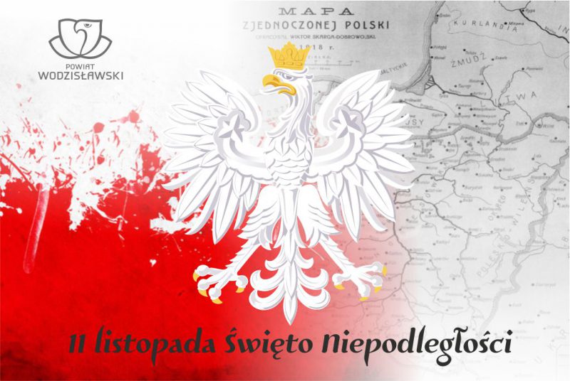 banerek okolicznościowy z okazji 11 listopada, zawiera godło Polski, w tle kontury mapy kraju i polskich barw narodowych