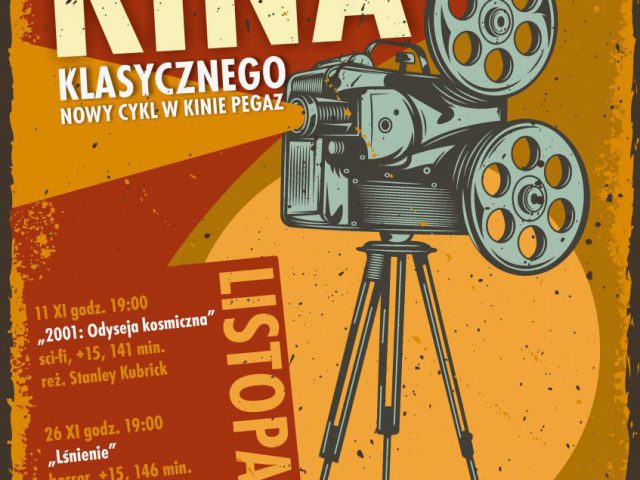 plakat- festiwal kina klasycznego, na zdjęciu kamera filmowa wraz z tekstem informacyjnym