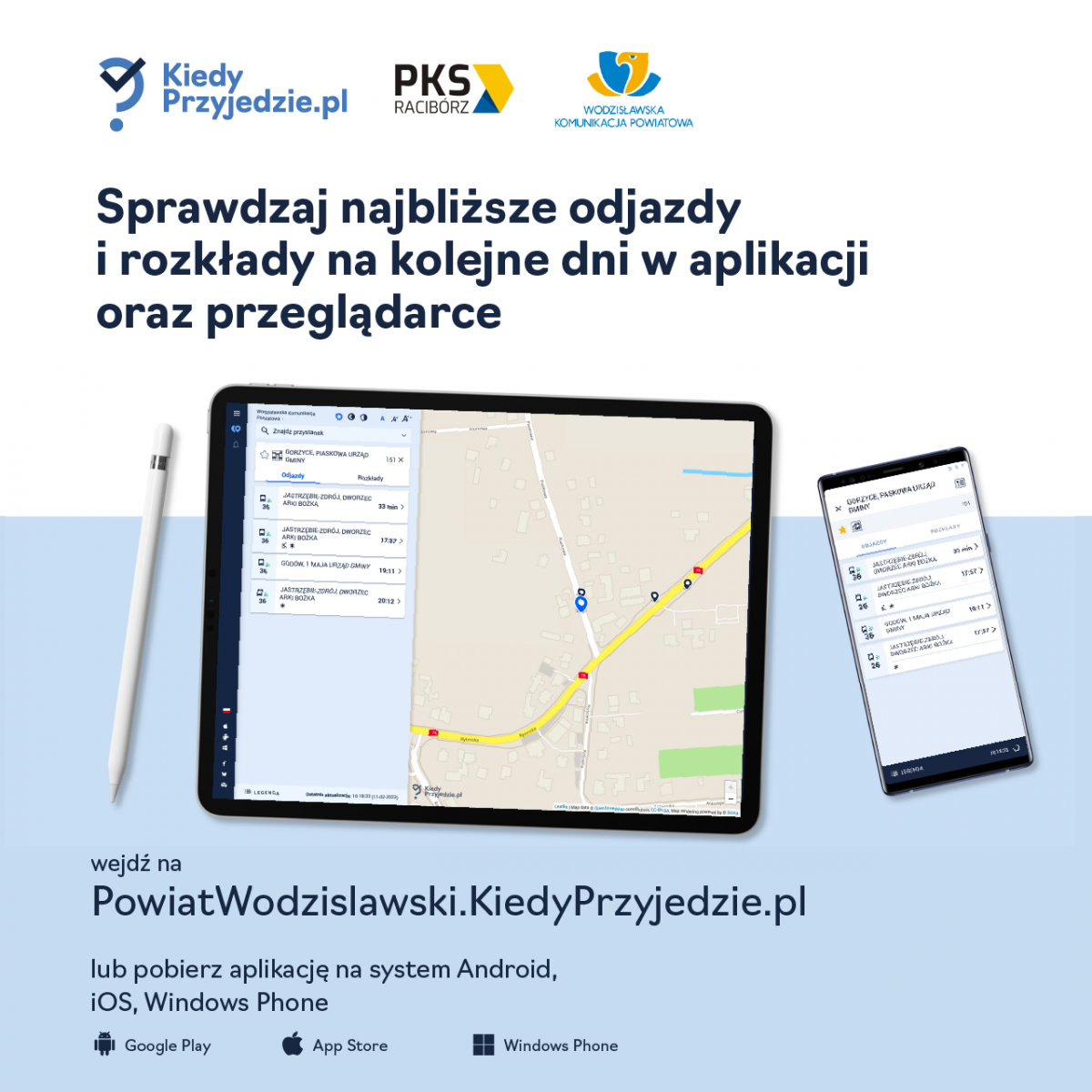 grafika promująca aplikację kiedyprzyjedzie w Wodzisławskiej komunikacji powiatowej