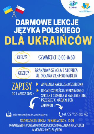 Infografika dot. bezpłatnych lekcji języka polskiego dla obywateli Ukrainy w języku polskim
