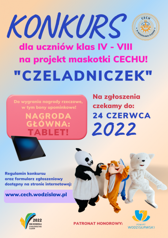Plakat konkursu na maskotkę Cechu w Wodzisławiu Śl. Opis zawartości w treści posta