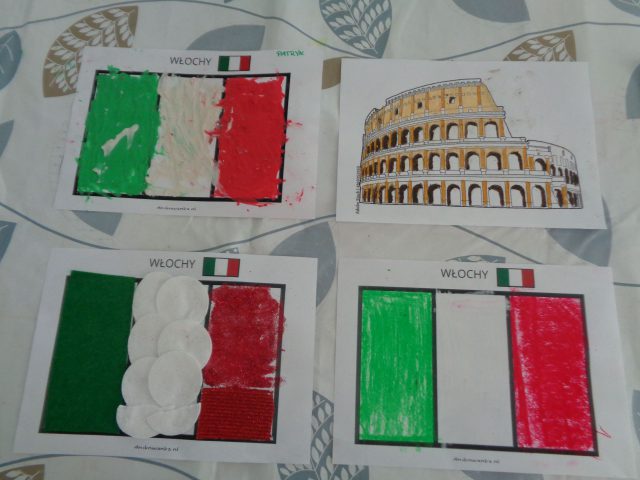 Praca plastyczna przedstawiająca flagi włoskie i koloseum