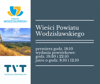 Plakat informujący o godzinach emisji Wieści Powiatu Wodzisławskiego, zawartych w treści artykułu
