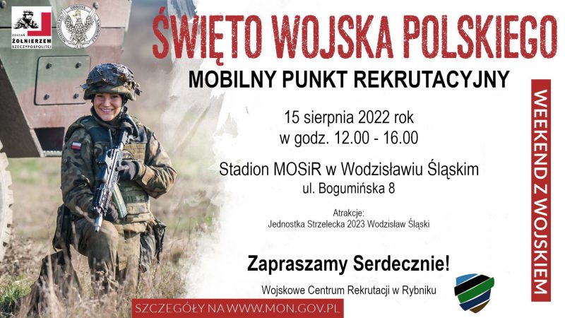 Grafika promująca weekend z wojskiem 15.8.2022 w Wodzisławiu Śl., mat. WCR Rybnik