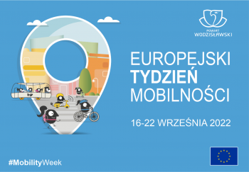 Niebieski baner z napisem Europejski Tydzień Mobilności 16-22 września