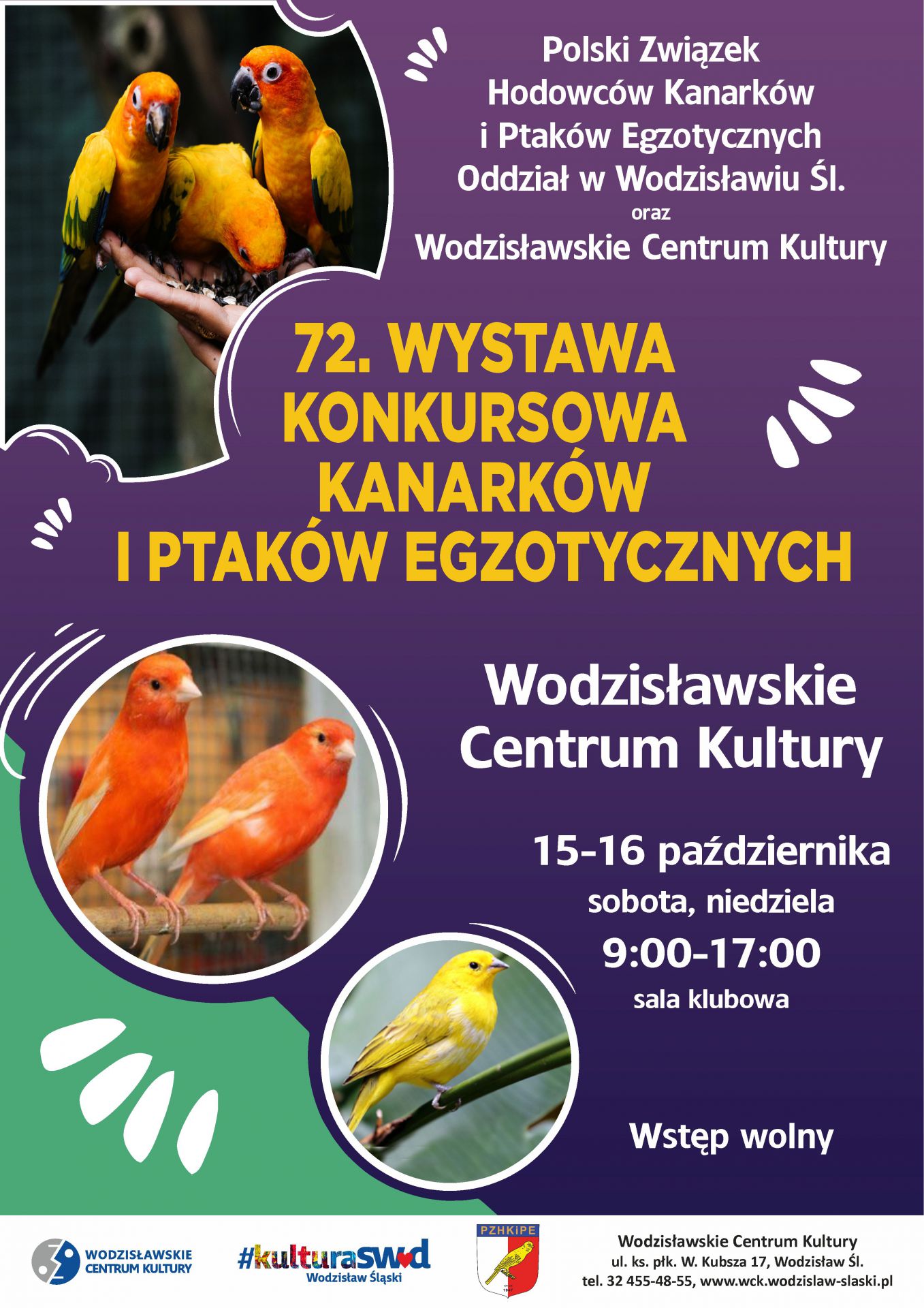 Plakat - wystawa kanarków i ptaków egzotycznych w wodzisławskim Centrum Kultury