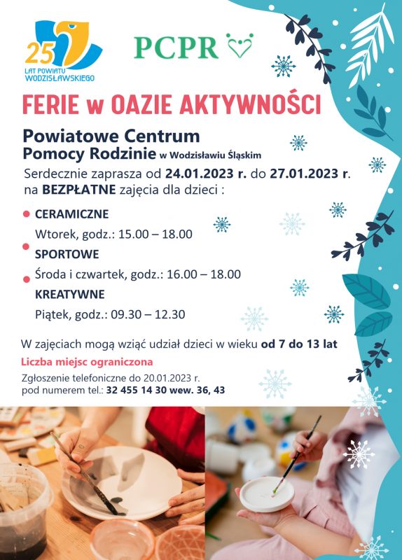 Plakat promujący zajęcia kreatywne podczas II tygodnia ferii zimowych w PCPR w Wodzisławiu Śl.