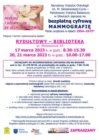 Plakat z informacjami o mammobusie w Rydułtowach.