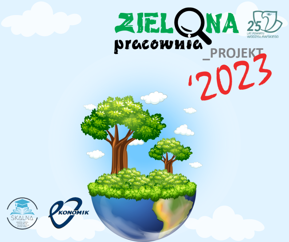 Plakat, na środku dzrewo, nazwa programu oraz loga: logo powiatu wodzisławskiego, zespołu szkół licealnych i technicznych i ekonomika.