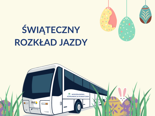 Grafika, autobus z logo PKS Racibórz i nazwą: Wodzisławska Komunikacja Powiatowe. W tle wielkanocne jaja.