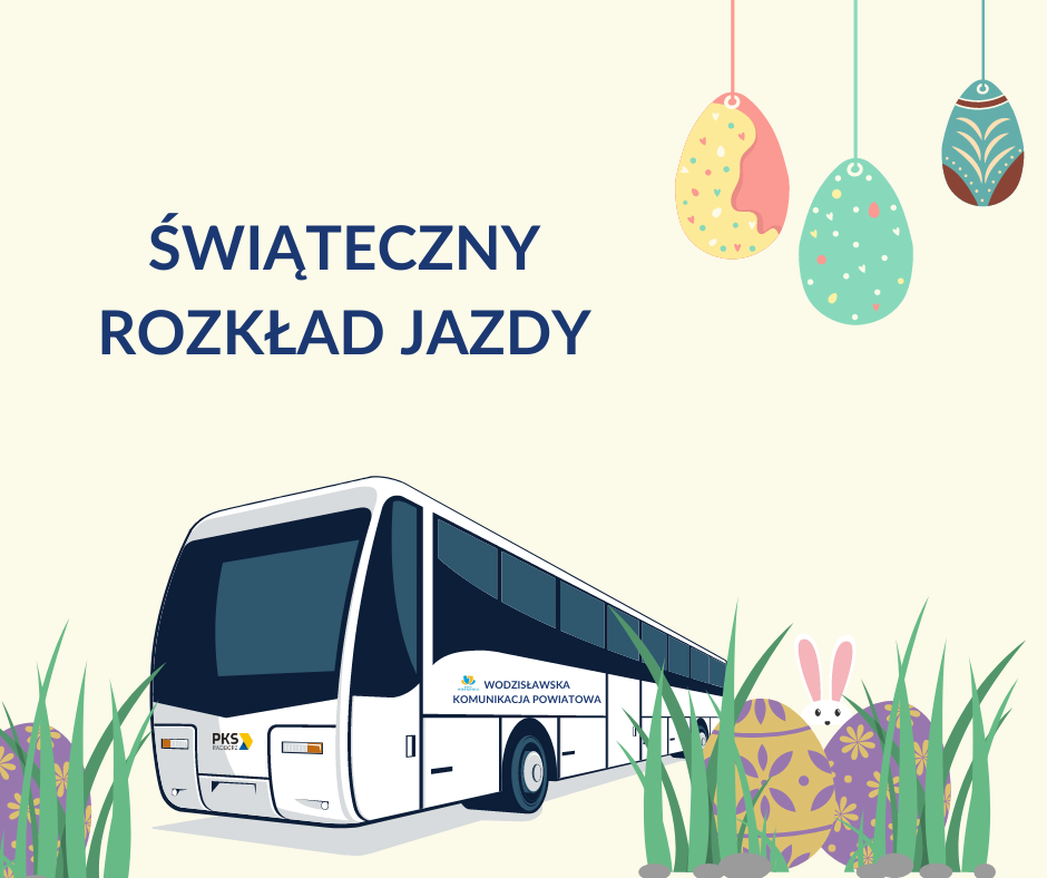Grafika, autobus z logo PKS Racibórz i nazwą: Wodzisławska Komunikacja Powiatowe. W tle wielkanocne jaja.