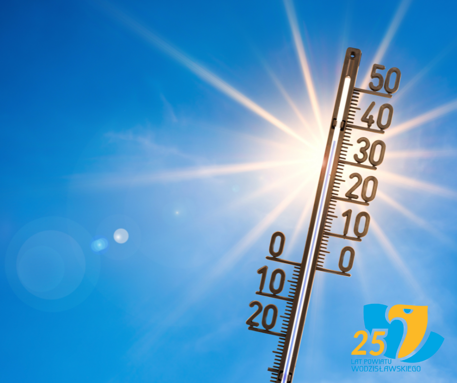 Grafika przedstawiająca termometr na niebie, obok logo powiatu.