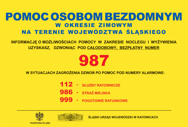 Plakat z numerem 987 jako infolinia dla osób bezdomnych, a także pozostałymi numerami alarmowymi: 112, 986 i 999.