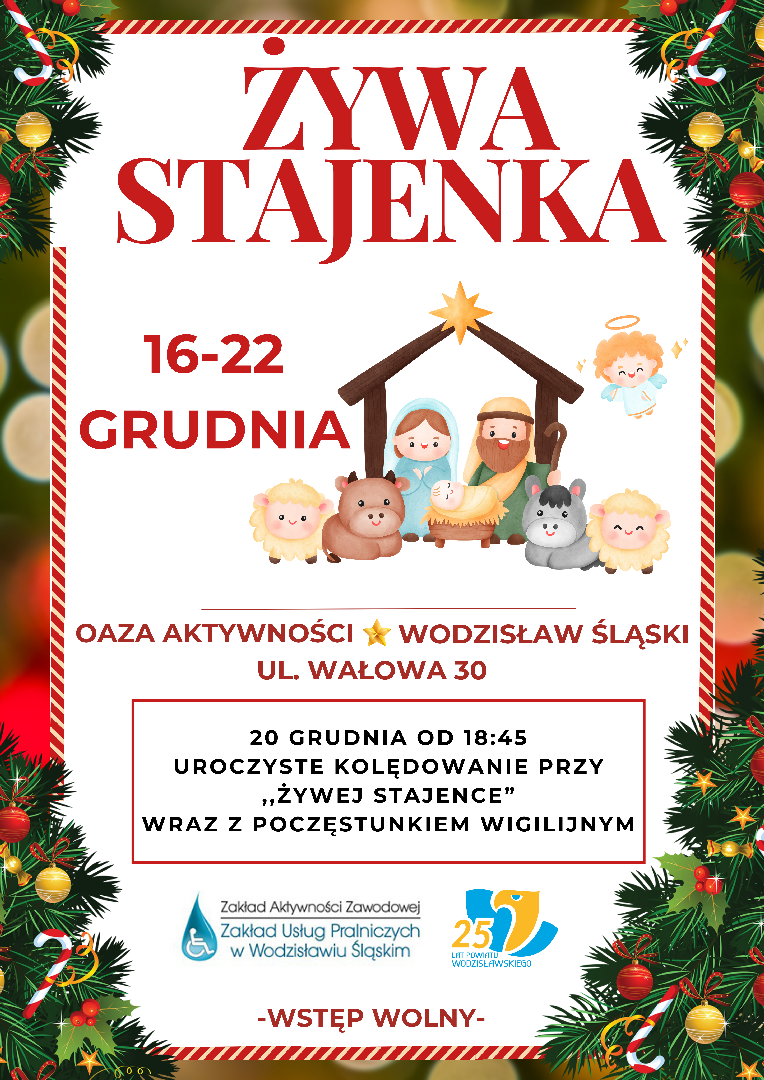 Plakat promujący Żywą Stajenkę przy ZAZ w Wodzisławiu Śl.