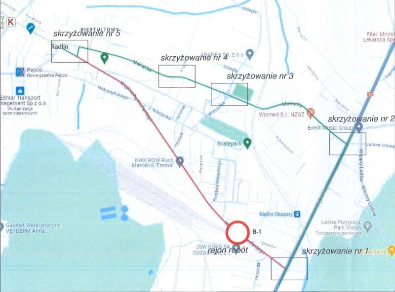 Mapa objazdu w czasie zamknięcia przejazdu kolejowego w Radlinie