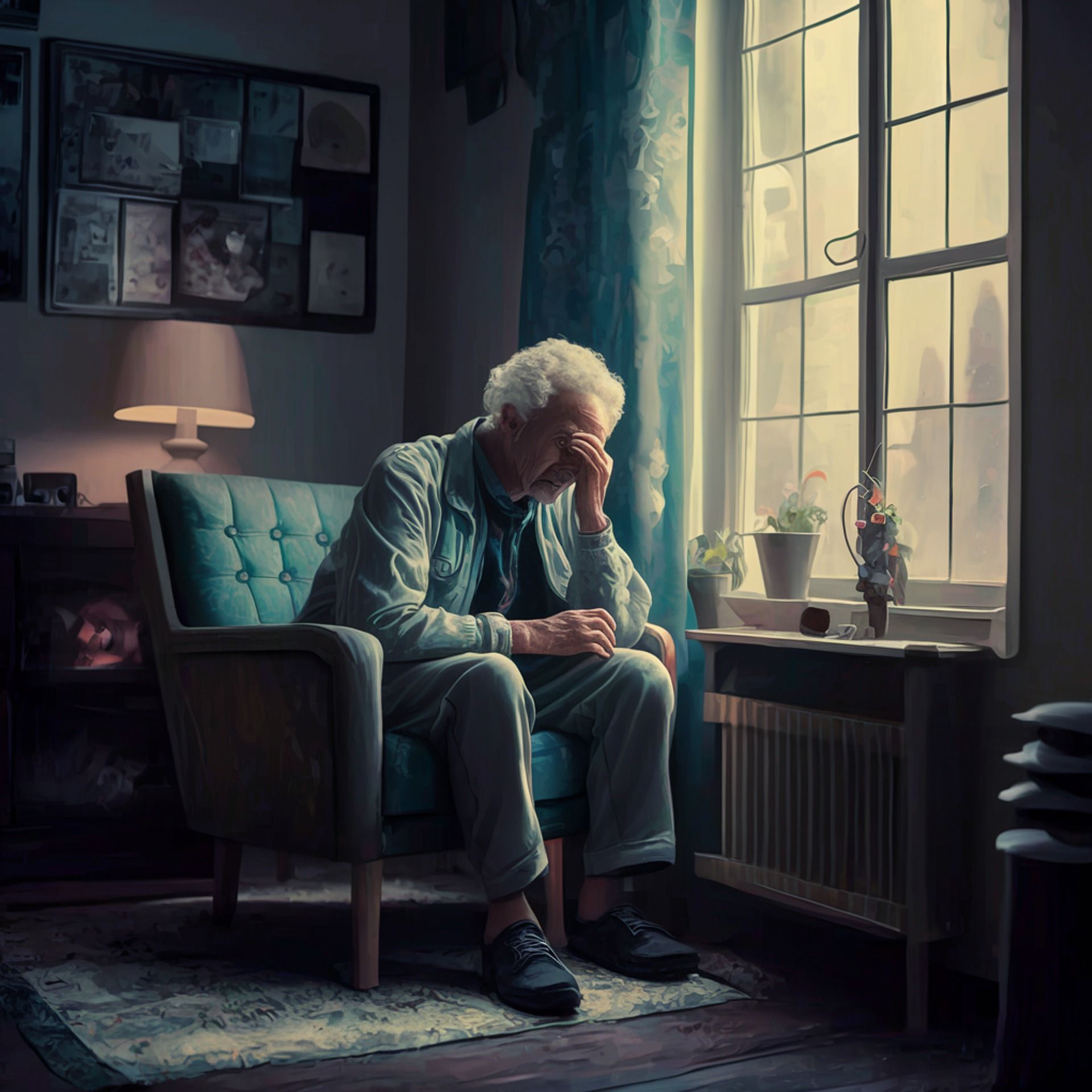 Starsza samotna osoba siedząca na fotelu, przy oknie i zasłaniająca oczy