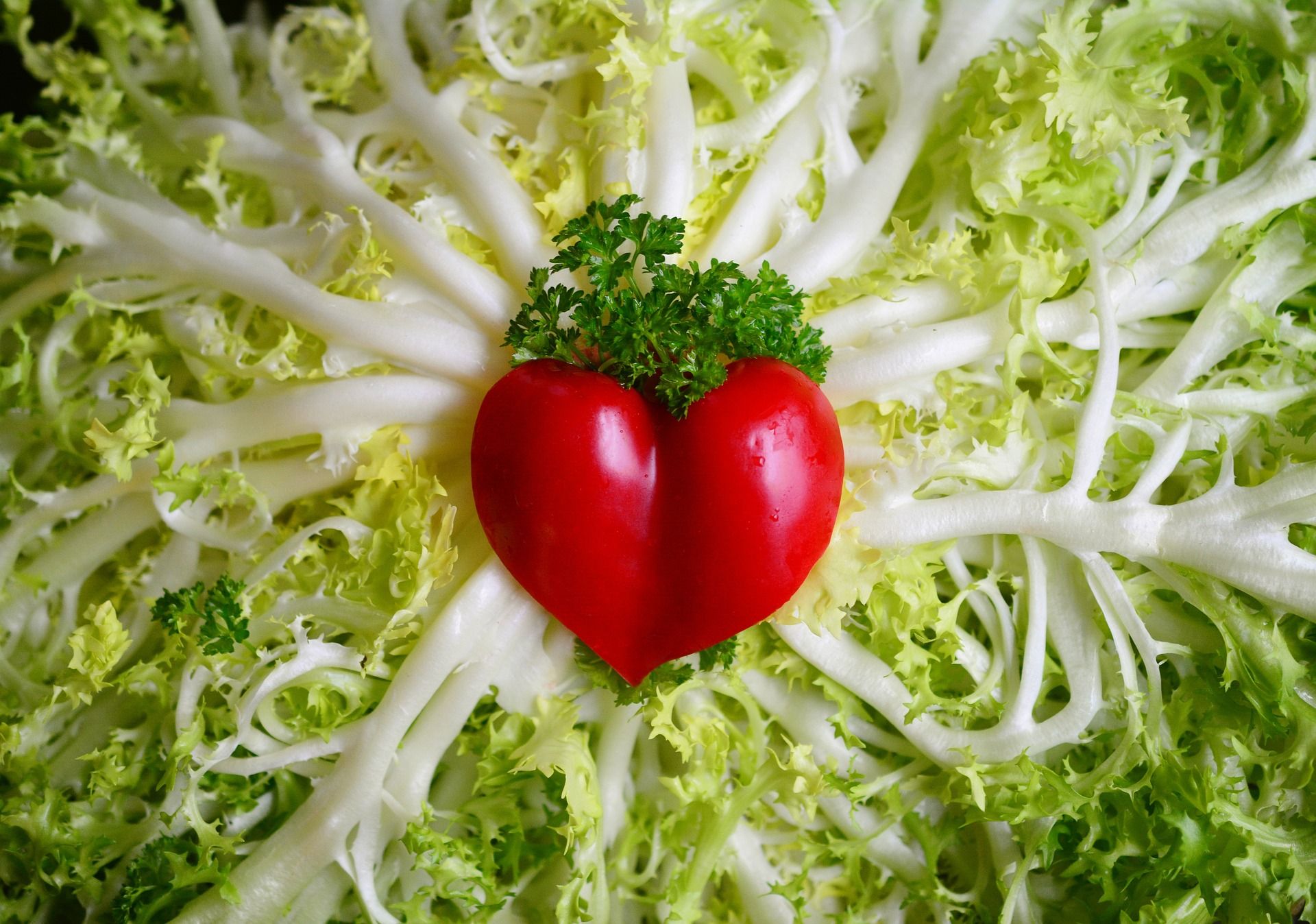 zdjęcie kompozycji artystycznej złożonej z sałaty i czerwonej papryczki w kształcie serca